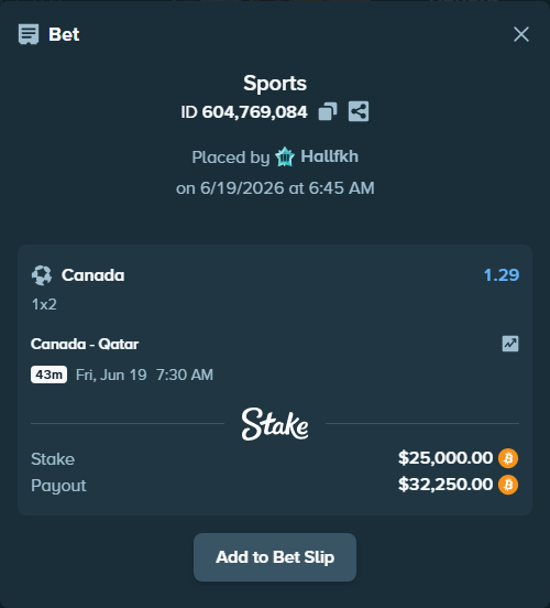 Bet slip: Canada - Qatar, $25,504.47 stake at 1.29 odds, placed by Hallfkh
