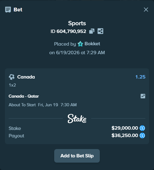 Bet slip: Canada - Qatar, $29,000.00 stake at 1.25 odds, placed by Bokket