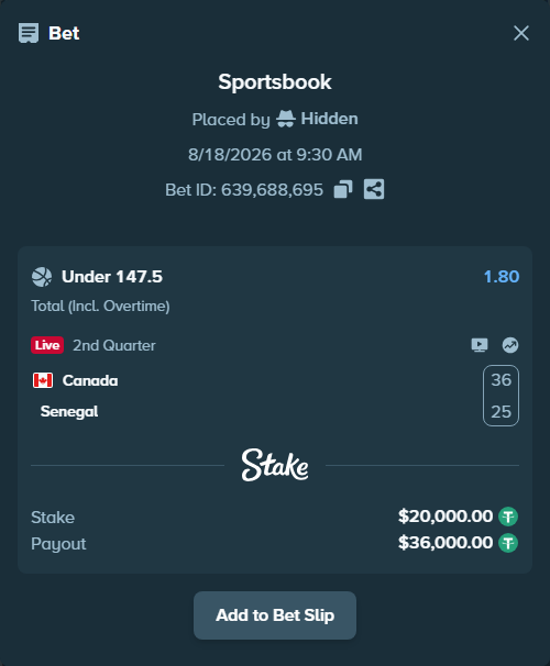 Bet slip: Canada - Senegal, $20,020.00 stake at 1.80 odds, placed by Hidden