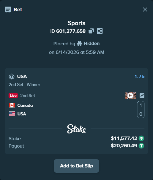 Bet slip: Canada - USA, $11,589.00 stake at 1.75 odds, placed by Hidden