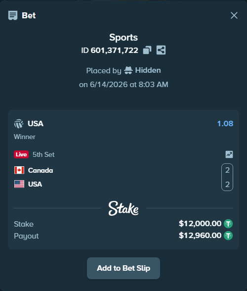 Bet slip: Canada - USA, $12,012.00 stake at 1.08 odds, placed by Hidden