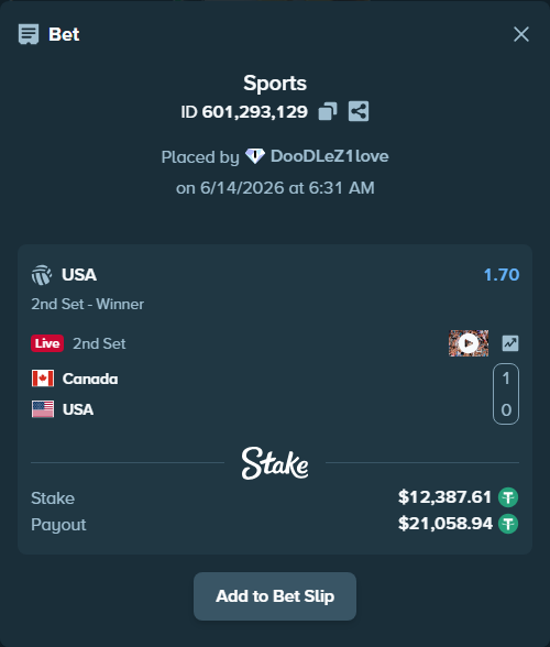 Bet slip: Canada - USA, $12,400.00 stake at 1.70 odds, placed by DooDLeZ1love