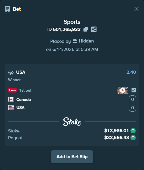 Bet slip: Canada - USA, $14,000.00 stake at 2.40 odds, placed by Hidden