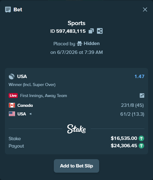 Bet slip: Canada - USA, $16,535.00 stake at 1.47 odds, placed by Hidden