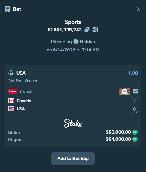Bet slip: Canada - USA, $50,050.00 stake at 1.08 odds, placed by Hidden