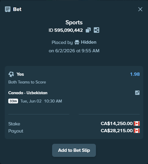 Bet slip: Canada - Uzbekistan, $10,545.00 stake at 1.98 odds, placed by BHseh77