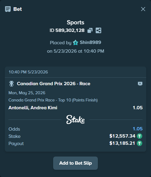 Bet slip: Canadian Grand Prix 2026 - Race, $12,569.90 stake at 1.05 odds, placed by Shin8989