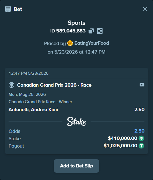 Bet slip: Canadian Grand Prix 2026 - Race, $410,410.00 stake at 2.50 odds, placed by EatingYourFood