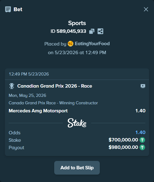 Bet slip: Canadian Grand Prix 2026 - Race, $700,700.00 stake at 1.40 odds, placed by EatingYourFood