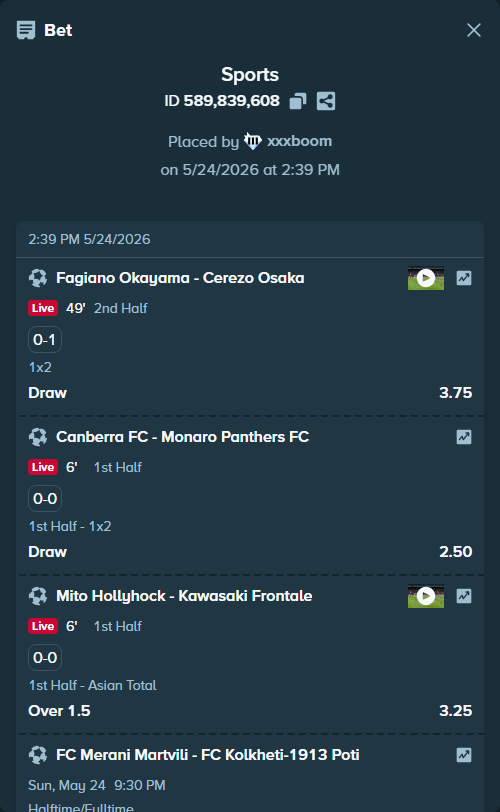 Bet slip: Canberra Croatia FC - Monaro Panthers FC, $20,942.06 stake at 2.50 odds, placed by xxxboom