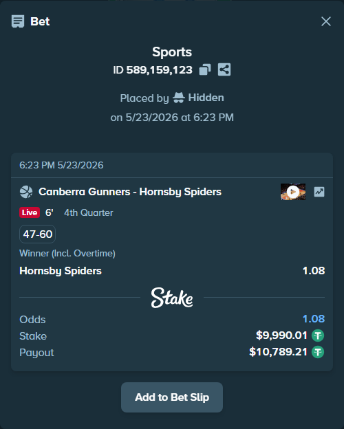 Bet slip: Canberra Gunners - Hornsby Spiders, $10,000.00 stake at 1.08 odds, placed by Hidden