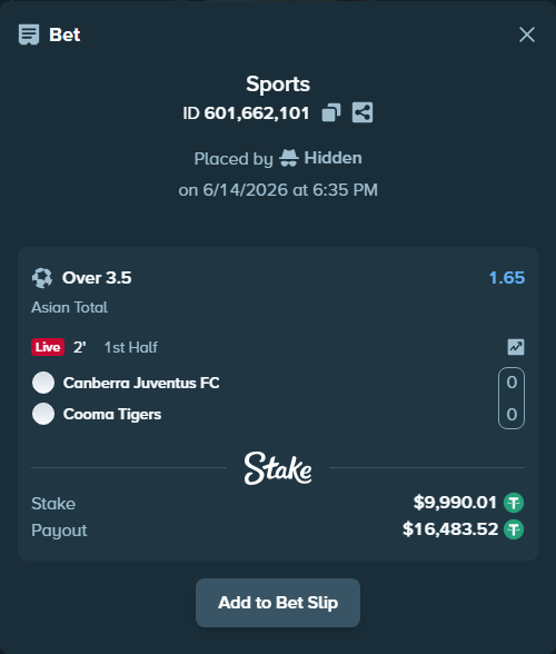 Bet slip: Canberra Juventus FC - Tigers FC, $10,000.00 stake at 1.65 odds, placed by Hidden