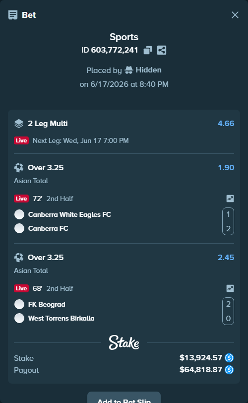 Bet slip: Canberra White Eagles FC - Canberra Croatia FC, $13,924.57 stake at 1.90 odds, placed by Hidden