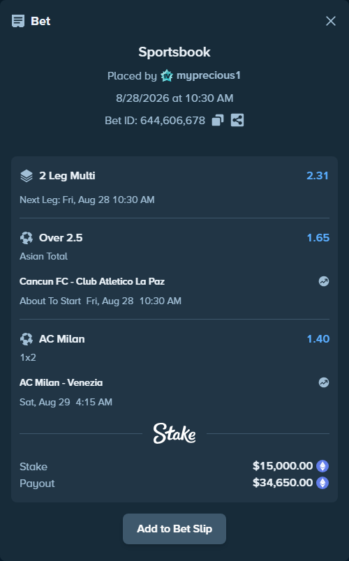 Bet slip: Cancun FC - Club Atletico La Paz, $14,887.22 stake at 1.65 odds, placed by myprecious1