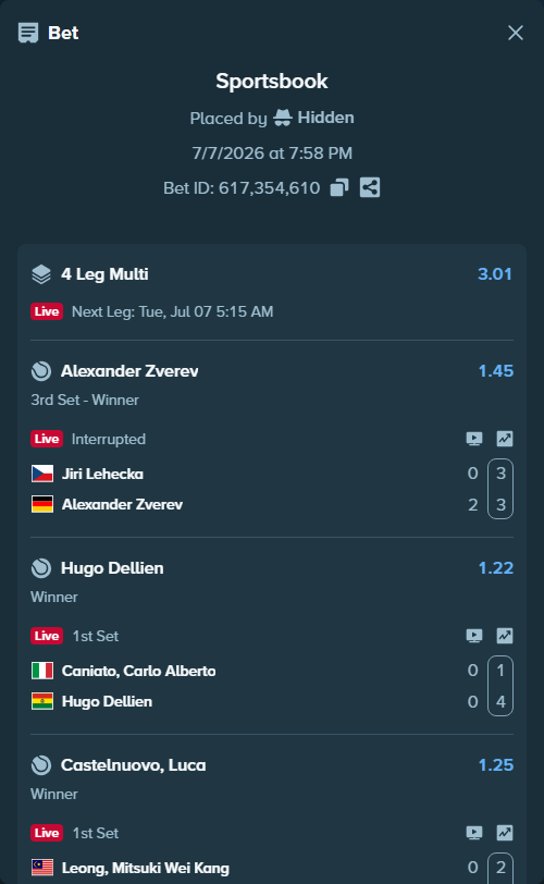 Bet slip: Caniato, Carlo Alberto - Hugo Dellien, $11,400.00 stake at 1.22 odds, placed by Hidden