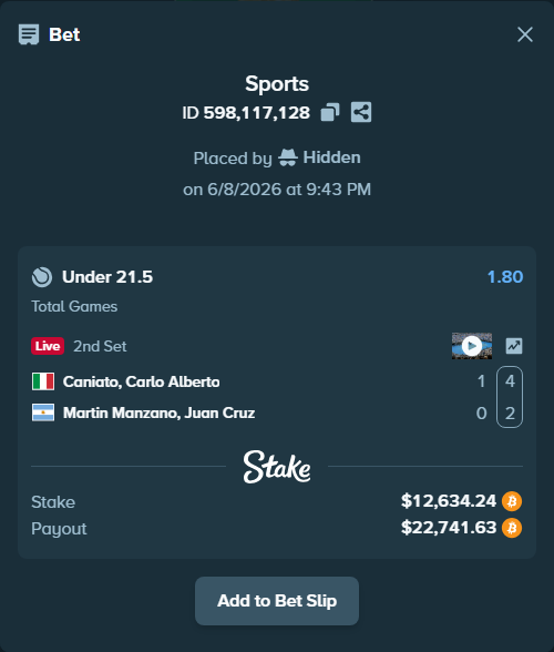 Bet slip: Caniato, Carlo Alberto - Martin Manzano, Juan Cruz, $12,866.00 stake at 1.80 odds, placed by Hidden