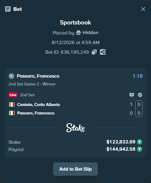 Bet slip: Caniato, Carlo Alberto - Passaro, Francesco, $122,955.53 stake at 1.18 odds, placed by Hidden