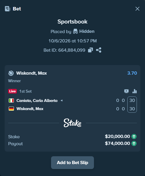 Bet slip: Caniato, Carlo Alberto - Wiskandt, Max, $20,000.00 stake at 3.70 odds, placed by Hidden