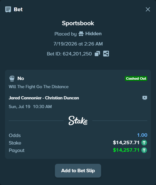 Bet slip: Cannonier, Jared - Duncan, Christian, $14,271.97 stake at 1.96 odds, placed by Hidden