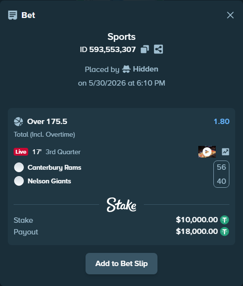 Bet slip: Canterbury Rams - Nelson Giants, $10,010.00 stake at 1.80 odds, placed by Hidden