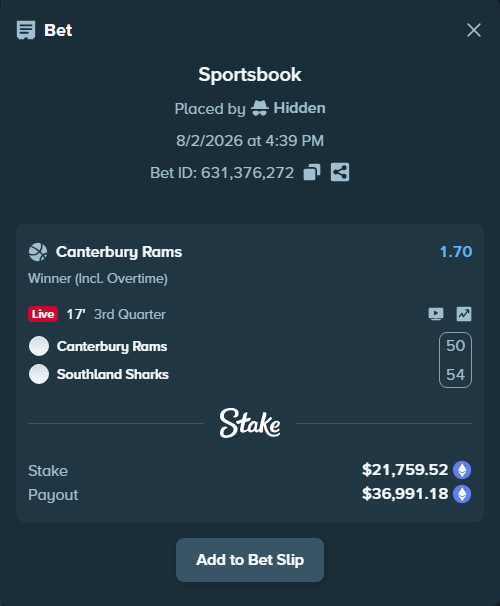Bet slip: Canterbury Rams - Southland Sharks, $22,068.88 stake at 1.70 odds, placed by Hidden