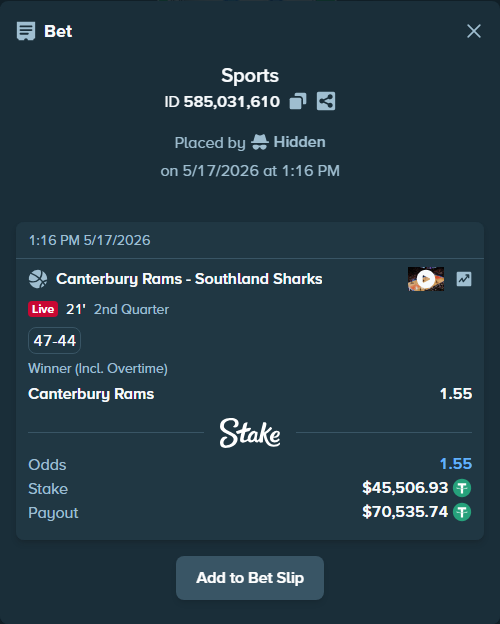 Bet slip: Canterbury Rams - Southland Sharks, $45,506.93 stake at 1.55 odds, placed by Hidden