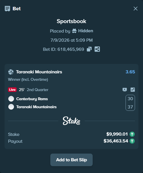 Bet slip: Canterbury Rams - Taranaki Mountainairs, $10,000.00 stake at 3.65 odds, placed by Hidden