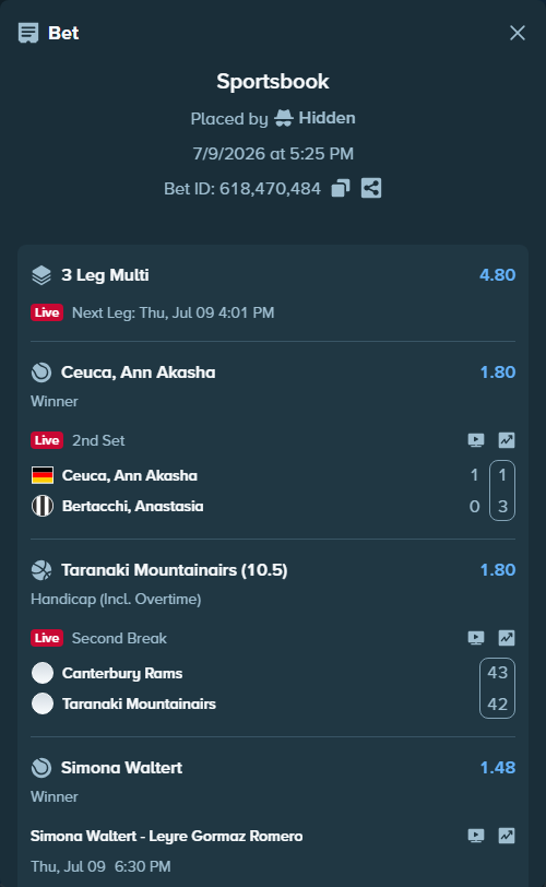 Bet slip: Canterbury Rams - Taranaki Mountainairs, $10,000.00 stake at 1.80 odds, placed by Hidden