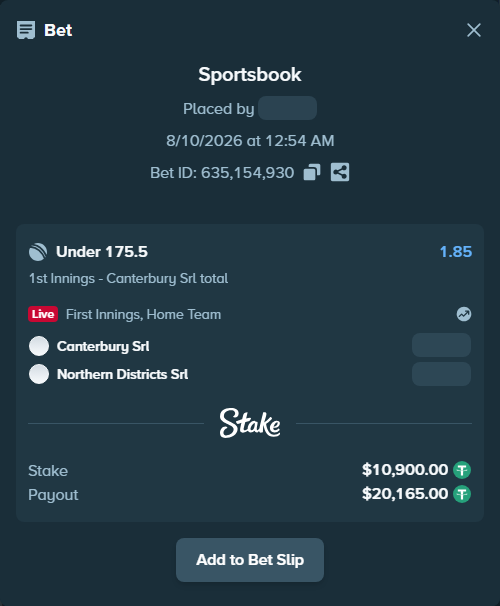 Bet slip: Canterbury SRL - Northern Districts SRL, $10,910.90 stake at 1.85 odds, placed by riaggo1