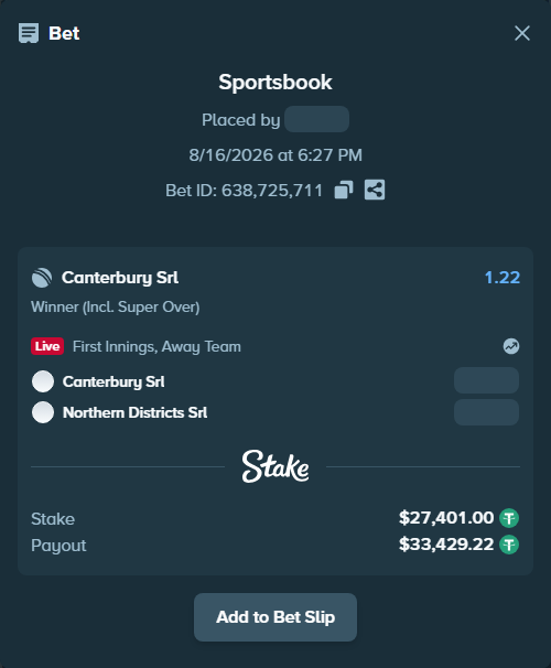 Bet slip: Canterbury SRL - Northern Districts SRL, $27,428.40 stake at 1.22 odds, placed by liliamaria