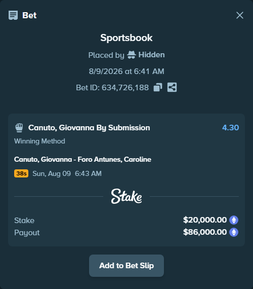 Bet slip: Canuto, Giovanna - Foro Antunes, Caroline, $19,990.54 stake at 4.30 odds, placed by Hidden