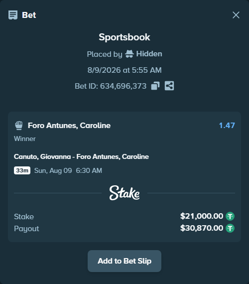 Bet slip: Canuto, Giovanna - Foro Antunes, Caroline, $21,021.00 stake at 1.47 odds, placed by Hidden