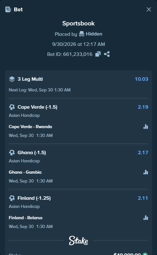Bet slip: Cape Verde - Rwanda, $40,000.00 stake at 2.19 odds, placed by Hidden