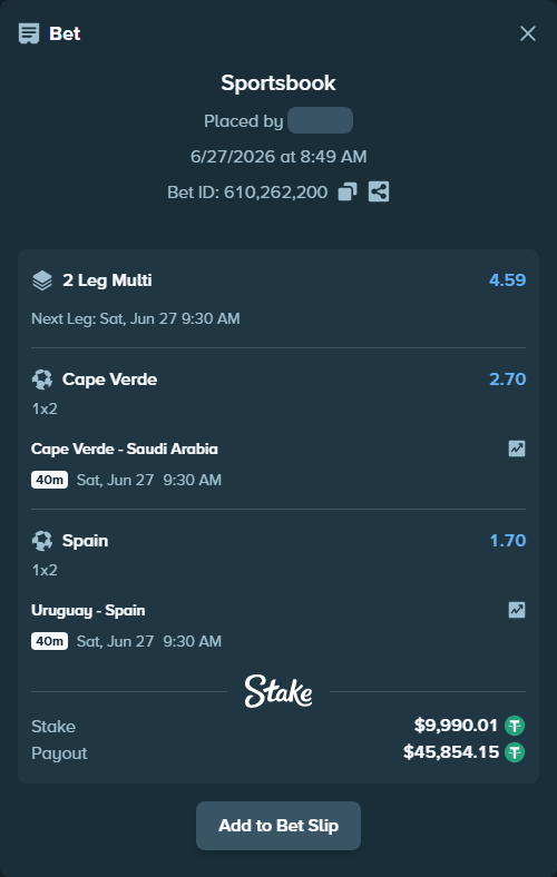 Bet slip: Cape Verde - Saudi Arabia, $10,000.00 stake at 2.70 odds, placed by Yuse1508