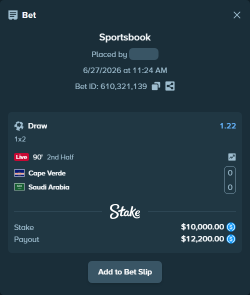 Bet slip: Cape Verde - Saudi Arabia, $10,000.00 stake at 1.22 odds, placed by Heidislay