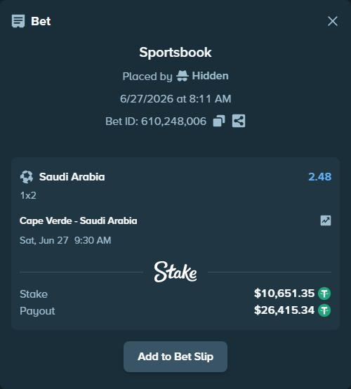 Bet slip: Cape Verde - Saudi Arabia, $10,662.00 stake at 2.48 odds, placed by Hidden