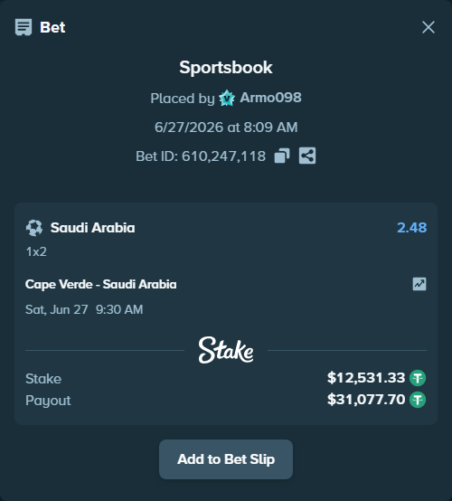 Bet slip: Cape Verde - Saudi Arabia, $12,543.86 stake at 2.48 odds, placed by Armo098