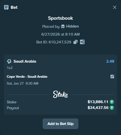 Bet slip: Cape Verde - Saudi Arabia, $13,900.00 stake at 2.48 odds, placed by Hidden
