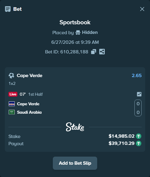 Bet slip: Cape Verde - Saudi Arabia, $15,000.00 stake at 2.65 odds, placed by Hidden