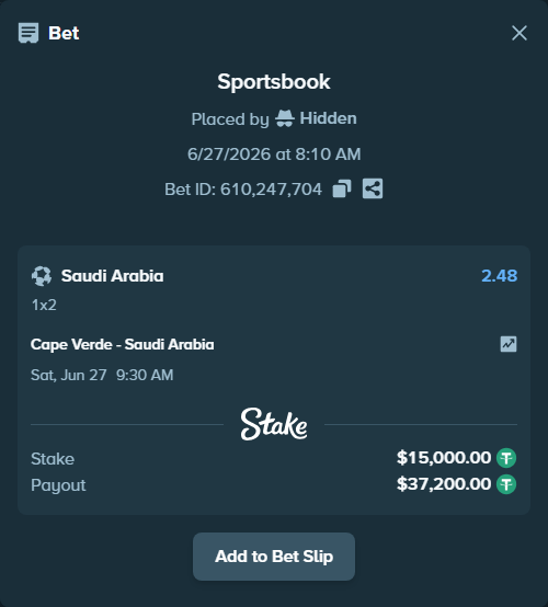 Bet slip: Cape Verde - Saudi Arabia, $15,015.00 stake at 2.48 odds, placed by Hidden