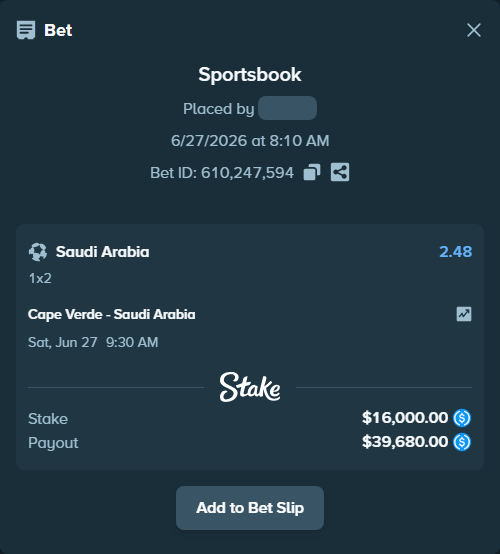 Bet slip: Cape Verde - Saudi Arabia, $16,000.00 stake at 2.48 odds, placed by Henningsabo
