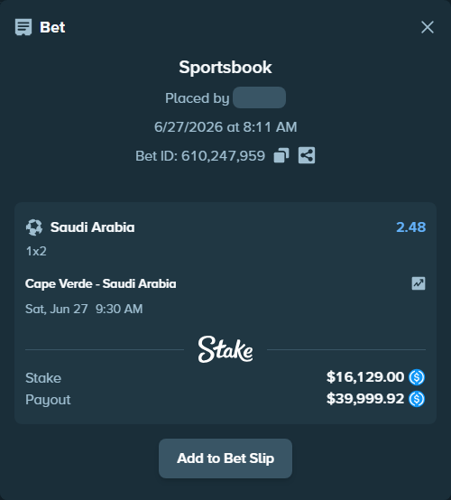 Bet slip: Cape Verde - Saudi Arabia, $16,129.00 stake at 2.48 odds, placed by tmflrm