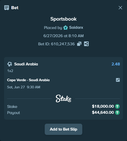 Bet slip: Cape Verde - Saudi Arabia, $18,018.00 stake at 2.48 odds, placed by Saidarx