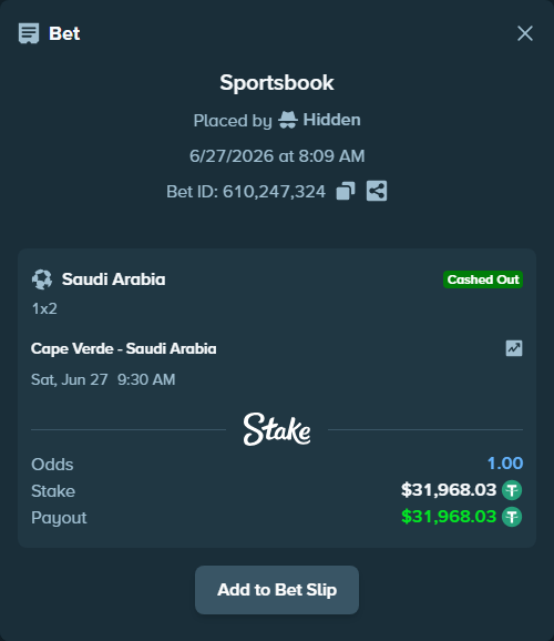 Bet slip: Cape Verde - Saudi Arabia, $32,000.00 stake at 2.48 odds, placed by Hidden