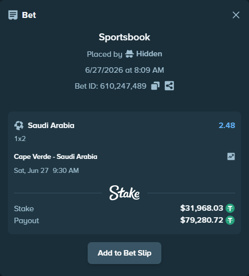 Bet slip: Cape Verde - Saudi Arabia, $32,000.00 stake at 2.48 odds, placed by Hidden