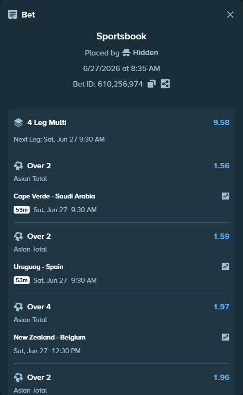 Bet slip: Cape Verde - Saudi Arabia, $34,000.00 stake at 1.56 odds, placed by Hidden