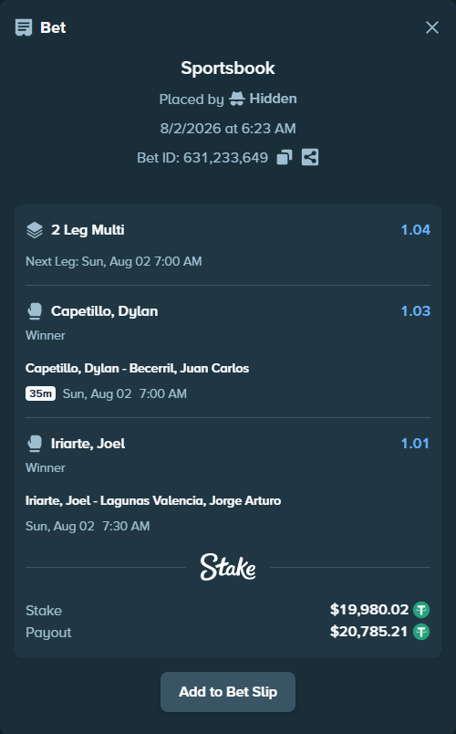 Bet slip: Capetillo, Dylan - Becerril, Juan Carlos, $20,000.00 stake at 1.03 odds, placed by Hidden