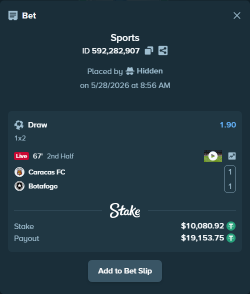Bet slip: Caracas FC - Botafogo, $10,091.00 stake at 1.90 odds, placed by Hidden