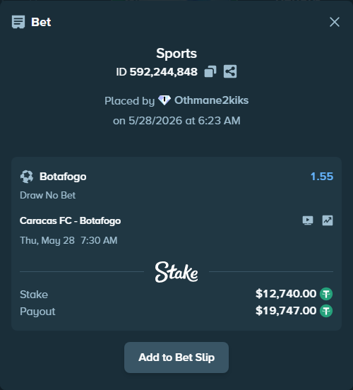 Bet slip: Caracas FC - Botafogo, $12,765.48 stake at 1.55 odds, placed by Othmane2kiks