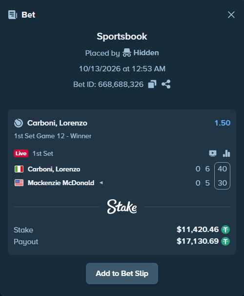 Bet slip: Carboni, Lorenzo - Mackenzie McDonald, $11,431.88 stake at 1.50 odds, placed by Hidden